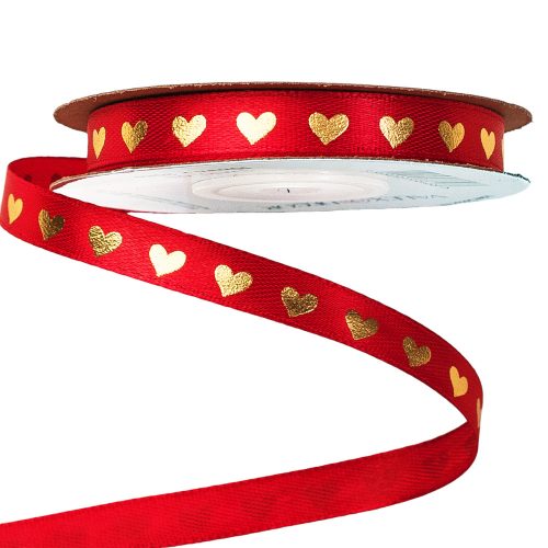 Goldern heart petterned satin ribboin 10mm x 20m - Red