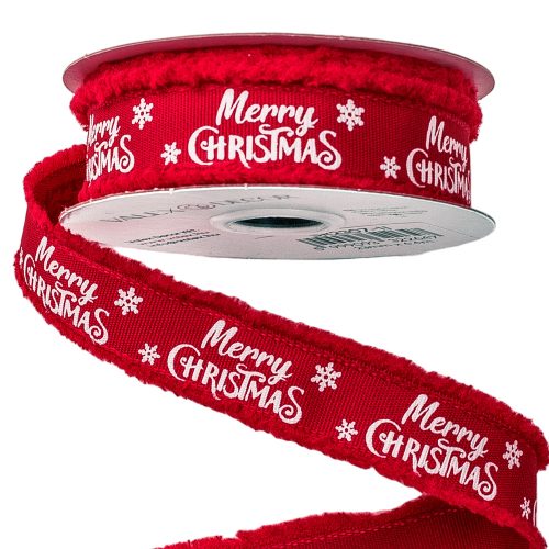 Fluffy edges, "Merry Christmas" inscription ribbon 23mm x 6.4m - Red