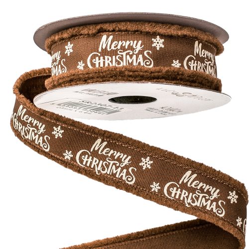 Fluffy edges, "Merry Christmas" inscription ribbon 23mm x 6.4m - Brown