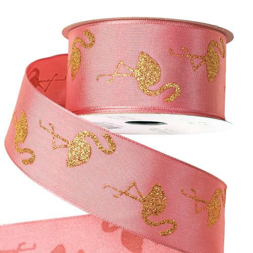 Flamingo satin ribbon with wire edge 38mm x 6.4m - Pink with gold glitter