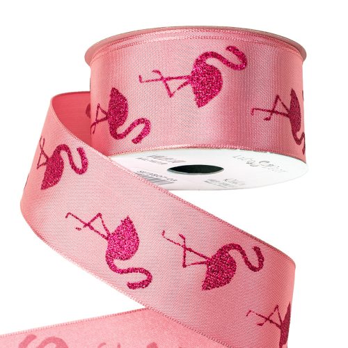 Flamingo satin ribbon with wire edge 38mm x 6.4m - Pink with cyclamen glitter
