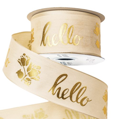 "hello" inscription premium textil ribbon with wired edge 38mm x 6.4m - Cream