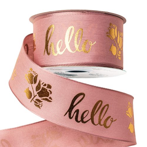 "hello" feliratos prémium textil szalag drótos szegéllyel 38mm x 6.4m - Púder Rózsaszín