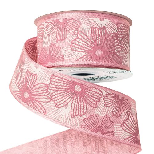 Floral pattern premium textil ribbon with wired edge 38mm x 6.4m - Pink