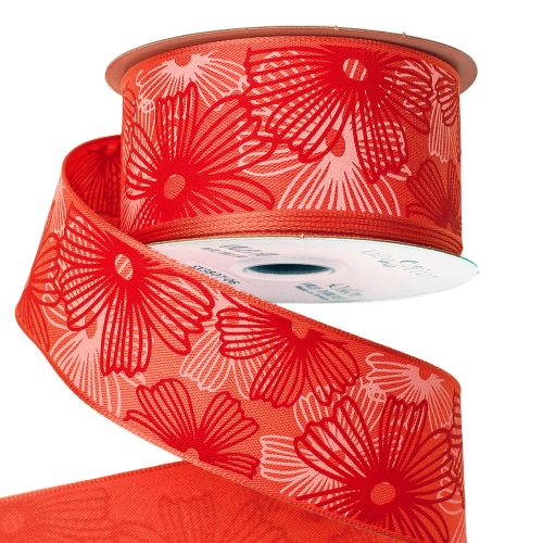 Floral pattern premium textil ribbon with wired edge 38mm x 6.4m - Salmon