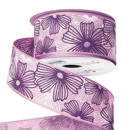 Floral pattern premium textil ribbon with wired edge 38mm x 6.4m - Purple