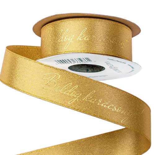 "Boldog karácsonyt!" inscription shiny satin ribbon 25mm x 10m - Gold