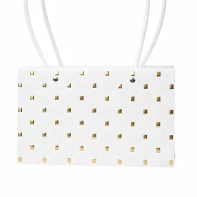   10db. dombornyomott virág-ajándék táska 22(h) x 10.5(sz) x 13.5(m) cm - Fehér/Arany