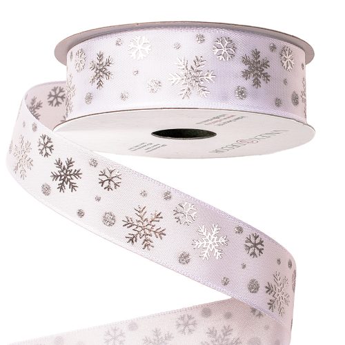 Snowflake Christmas textil ribbon 23mm x 6.4m - White
