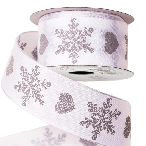 Snowflake, hearty Christmas ribbon with wired edge 38mm x 6.4m - White