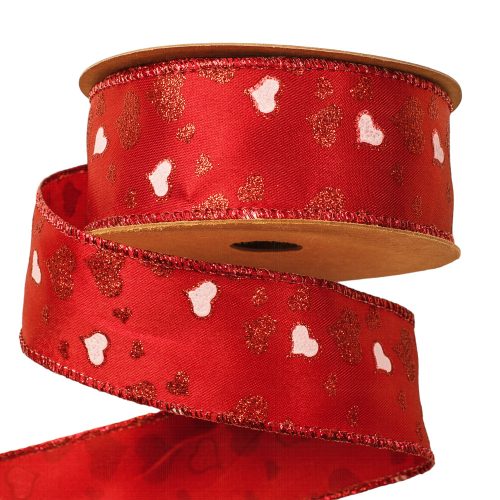 Heart pettern satin ribbon with wired edge 38mm x 10m