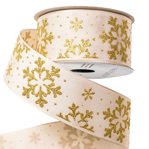Gold snowflake Christmas ribbon with wire edge 38mm x 6.4m  - Cream