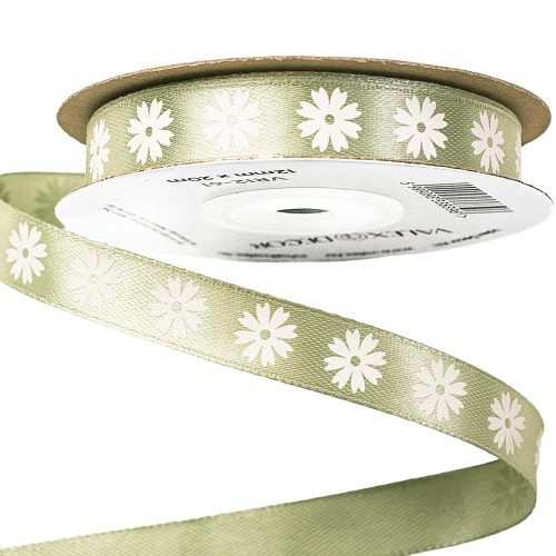 Floral pattern satin ribbon 12mm x 20m - Vintage green