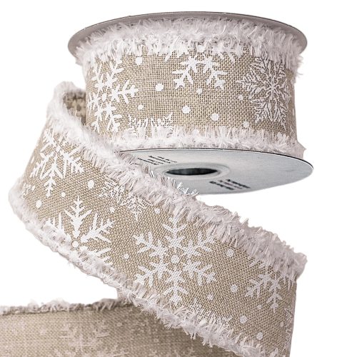 Fluffy edges snowflake ribbon with wired edge 38mm x 6.4m - Nature