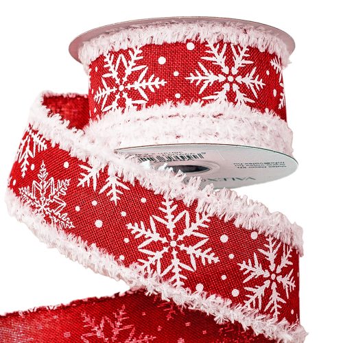 Fluffy edges snowflake ribbon with wired edge 38mm x 6.4m - Red