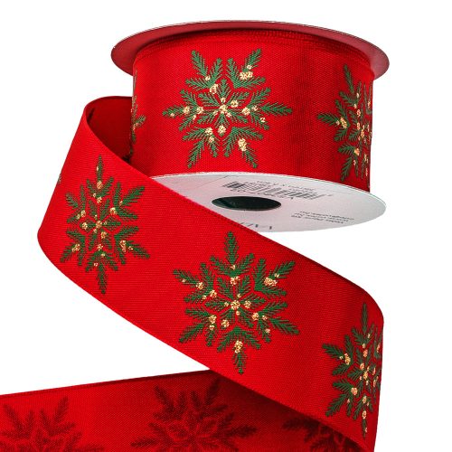 Red Christmas ribbon with gold glitter snowflakes and wire edge 38mm x 6.4m