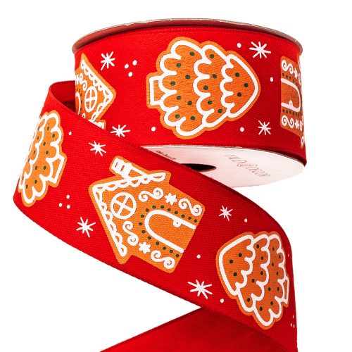 Gingerbread house Christmas ribbon with wire edge 38mm x 6.4m - Red