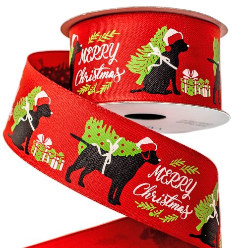 Dog patterned Christmas ribbon with "Merry Christmas" inscription, wire edge 38mm x 6.4m  - Red
