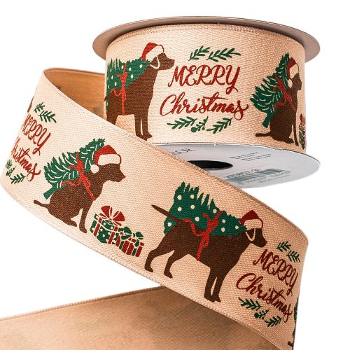 Dog patterned Christmas ribbon with "Merry Christmas" inscription, wire edge 38mm x 6.4m  - Beige