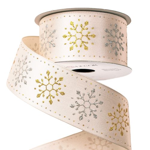Gold-silver glittery snowflake Christmas ribbon with wire edge 38mm x 6.4m