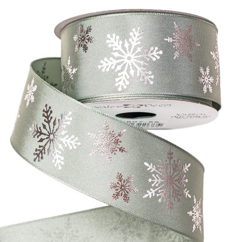 Premium Christmas satin ribbon with wired edge, with shiny snowflake 38mm x 6.4m - Green