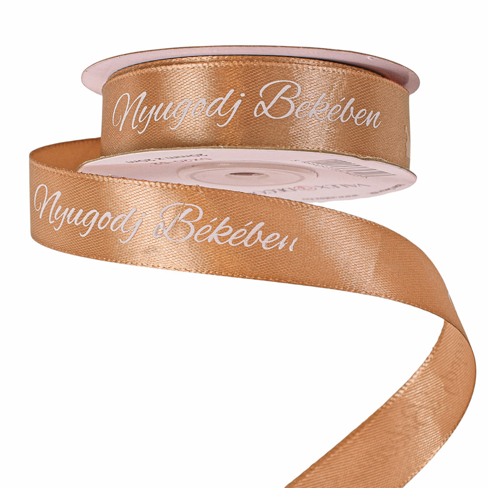 "Nyugodj Békében" feliratos szatén gyász szalag 20mm x 20m - Barna